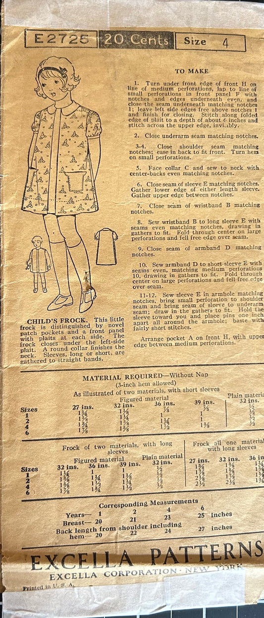 1920s Toddler Girls Pleated Long or Short Sleeve Dress Antique Sewing Pattern Excella E2725 Size 4