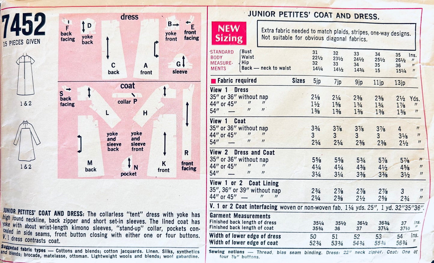 60s Womens A Line Shift Dress & Matching Spring Coat Vintage Junior Petite Sewing Pattern Simplicity 7452 B35