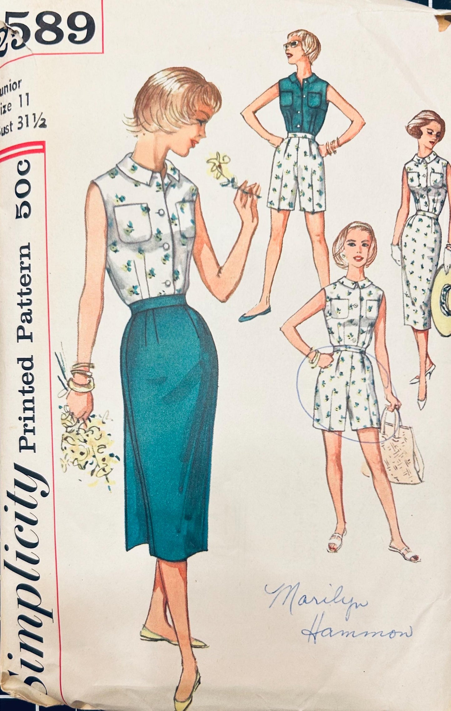 50s Sleeveless Shell Top Blouse High Waisted Bermuda Shorts & Wrap Skirt Petite Wounded Bird  Vintage Sewing Pattern Simplicity 2589