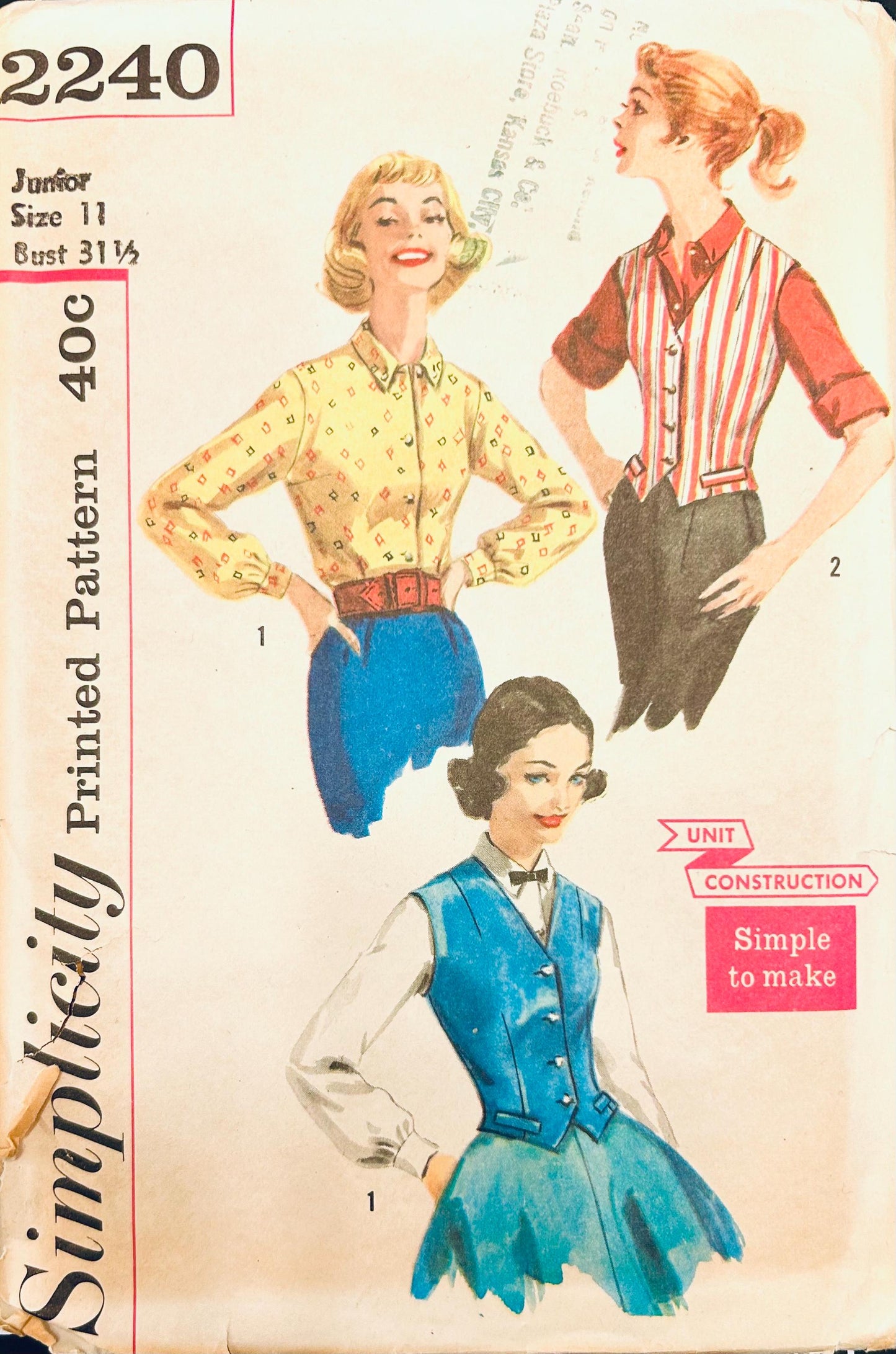 50s Fitted Weskit Vest Button Front Blouse w/ Sleeve Options & Square Collar Petite Vintage Sewing Pattern Simplicity 2240 B31