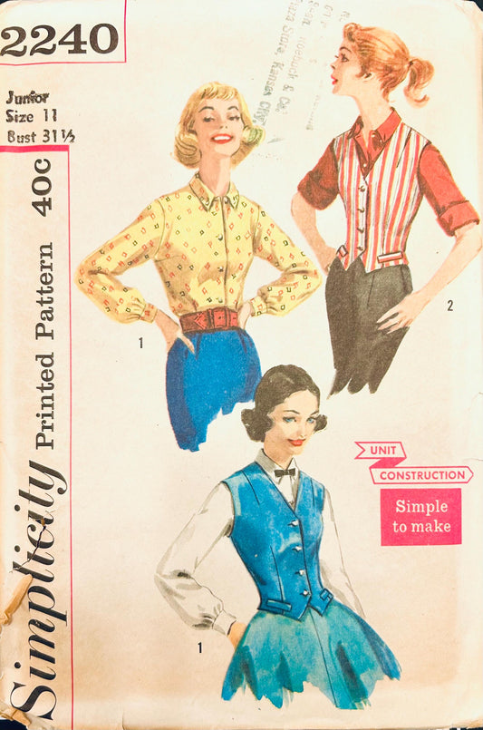 50s Fitted Weskit Vest Button Front Blouse w/ Sleeve Options & Square Collar Petite Vintage Sewing Pattern Simplicity 2240 B31
