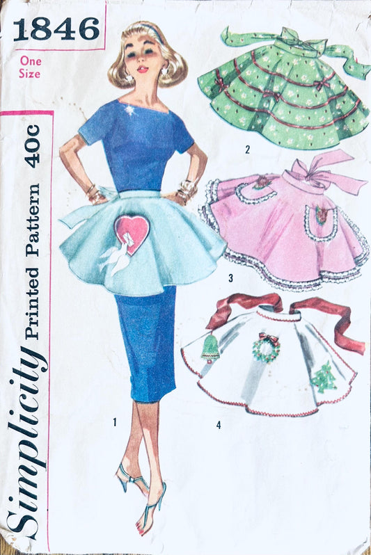 50s Appliqued Holiday Half Apron Kitchen Aprons Valentine's Day Christmas Vintage Sewing Pattern Simplicity 1846  One Size
