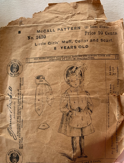 1900s 1910s Edwardian Pattern for Little Girls' Muff Collar & Scarf Accessories Outerwear Antique Sewing Pattern McCall 2430 8 Years