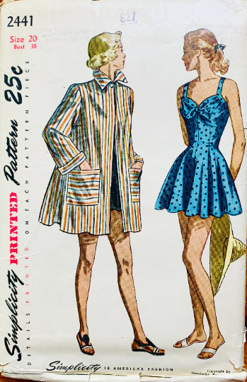 40s One Piece Swimsuit Pattern w/ Skirt & Matching Coverup Vintage Plus Size Sewing Pattern Simplicity 2441 B38