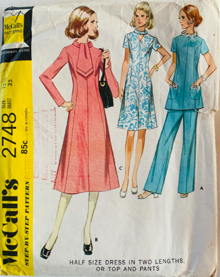 70s Princess Seam Dress w/ Sash or Keyhole Neckline Pant Suit Pantsuit Straight Leg Pants Tunic Top Vintage Sewing Pattern  Wounded Bird McCalls 2748 B35