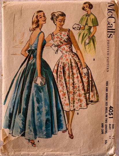 Fitted Inset Waist Vintage 50s Glam Cocktail Dress Prom Bridesmaid Wedding Gown w/ Capelet Sewing Pattern McCalls 4051 B34