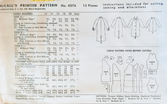 50s Starbust Seam Straight Winter Coat  Jacket w/ Square Collar Sewing Pattern McCalls 4376 B34