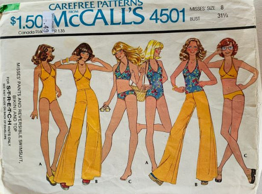 70s One Piece Swimsuit Bikini Wide Leg Elastic Waist Pants Halter Top Vintage Petite Wounded Bird  Sewing Pattern McCalls 4501 B31