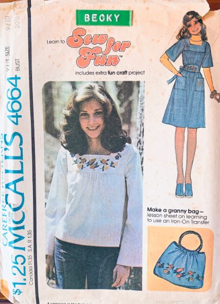 70s Boho Smock Top Hippie Pullover Shirt & Dress Top Handle Handbag Purse.EASY Petite Juniors Vintage Sewing Pattern McCalls 4664 B30