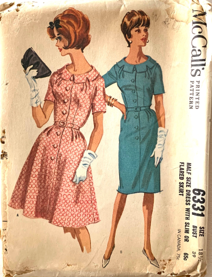 60s Slim Wiggle Sheath Shirtwaist Dress w/ Notched Collar Interest Short Sleeve Full Skirt Half Size Plus Size Vintage Sewing Pattern 6331 B39