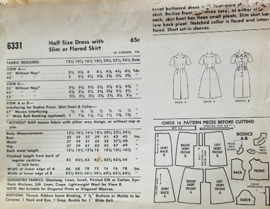 60s Slim Wiggle Sheath Shirtwaist Dress w/ Notched Collar Interest Short Sleeve Full Skirt Half Size Plus Size Vintage Sewing Pattern 6331 B39
