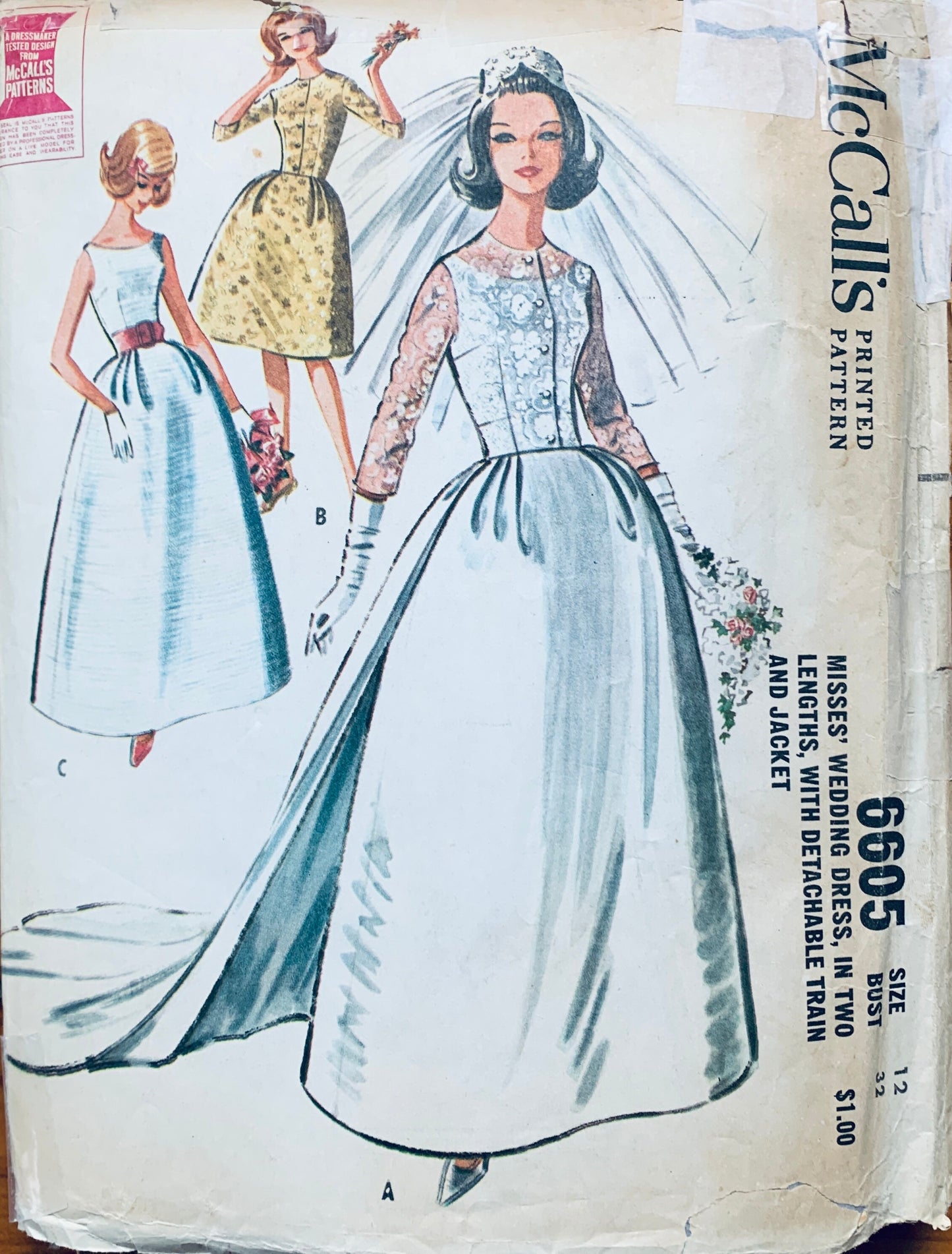 60s Empire Waist Wedding Dress Bateau Neck Cummerbund & Train Gown Petite Sewing Pattern McCalls 6605 B32