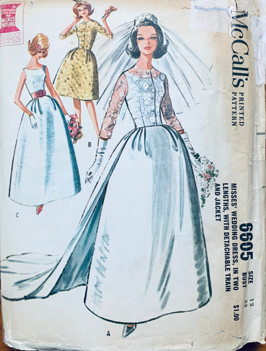 60s Empire Waist Wedding Dress Bateau Neck Cummerbund & Train Gown Petite Sewing Pattern McCalls 6605 B32