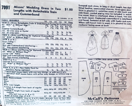60s Bell Skirt Wedding Dress w/ Train & Cummerbund Waist Bridal Prom Bridesmaid Gown Petite Vintage Sewing Pattern McCalls 7091 B32
