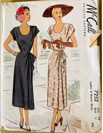 40s Womens U Neck Special Occasion Day Dress w/ Hip Swag Petite Vintage Sewing Pattern McCalls 7252 B30