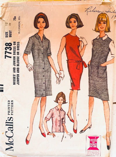 60s Sleeveless Button Front Jumper Dress Blouse w/ Pockets Petite Vintage Sewing Pattern McCalls 7731 B32