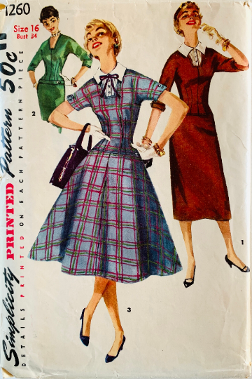 50s Fit N Flare Sheath Dress w/ Unique Neckline Vintage Sewing Pattern Simplicity 1260 B34