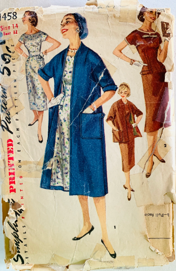 50s Form Fitting Sheath Dress & Kimono Sleeve Coat w/ Pockets Petite Vintage Sewing Pattern Simplicity 1458 B32