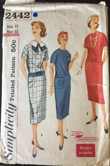 50s Drop Waist Sheath Straight Pilgrim Collar Dress w/ Pocket EASY Petite Modest Vintage Sewing Pattern Simplicity 2442 B32