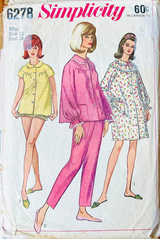60s Two Piece Pajamas & Robe Set Babydoll PJs Sleepwear Wounded Bird Sewing Pattern Simplicity 6278 B34
