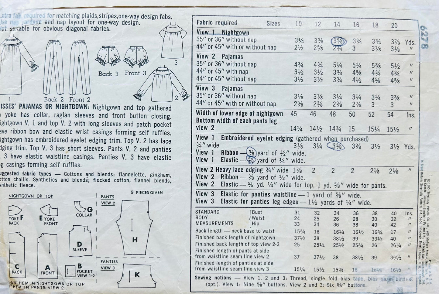 60s Two Piece Pajamas & Robe Set Babydoll PJs Sleepwear Wounded Bird Sewing Pattern Simplicity 6278 B34