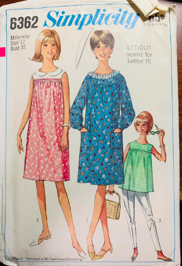 60s Maternity Tent Dress & Top Empire Waist Sleeveless w/ Pockets Vintage Sewing Pattern Simplicity 6362 B32