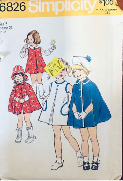 Little Girls Sleeveless A Line Pleated Dress w/ Matching Cape Vintage Sewing Pattern Simplicity 6826 Size 5