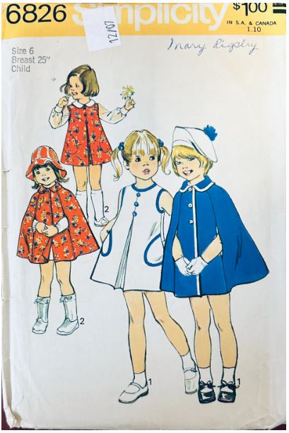 Little Girls Sleeveless A Line Pleated Dress w/ Matching Cape Vintage Sewing Pattern Simplicity 6826 Size 6