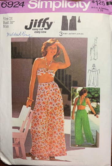 70s Bra Top & Palazzo Pants Cruise Loungewear Easy Jiffy Sewing Pattern Simplicity 6924 B38