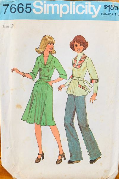 70s Gathered Smock Top Dress w/ Full Skirt Vintage Sewing Pattern Simplicity 7665 B34