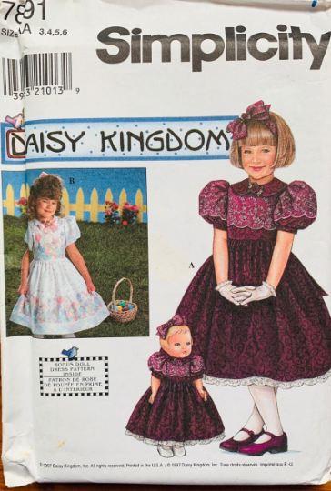 90s Daisy Kingdom Puff Sleeve Fancy Dress Flower Girl w/ Matching Doll Sewing Pattern Simplicity 7891  3-8