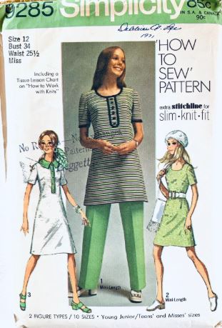 70s Juniors A Line Knit Dress Placket Front Collar Options Tunic Top Straight Leg Pants Vintage Sewing Pattern Simplicity 9285 B34