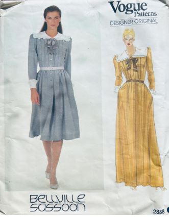 80s Shirtwaist Dress in 2 Lengths Pleated Bodice Flared Skirt Wide Collar POCKETS Bellville Sassoon Vogue Designer Original 2888 B34
