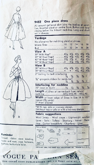 60s Bell Skirt Cocktail Dress Classic V Neckline Fit N Flare Vintage Sewing Pattern Vogue 9452 B36