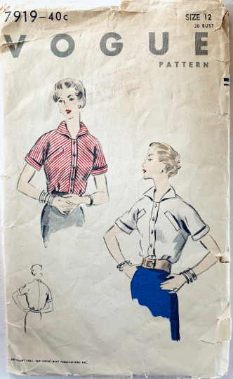 50s Classic Button Front Blouse Short Sleeve Top Petite Wounded Bird Vintage Sewing Pattern Vogue 7919 B30