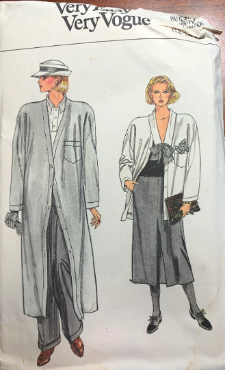 80s Womens Long Coat Pattern w/ Loose Cuffed Pants Skirt & Pussy Bow Blouse Top Vintage Sewing Pattern Vogue 9201 B34-38