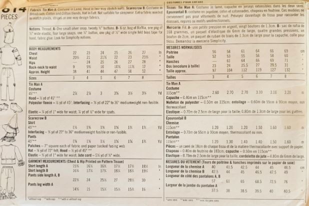 Wizard of Oz Tin Man & Scarecrow Kids Halloween Toddler Costume Sewing Pattern Simplicity 7814 Size 3-8